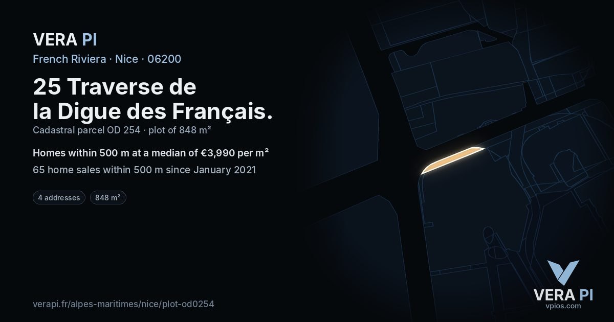 25 Traverse de la Digue des Français, Nice at night – the plot lit, the parcels around coloured by the prices near them