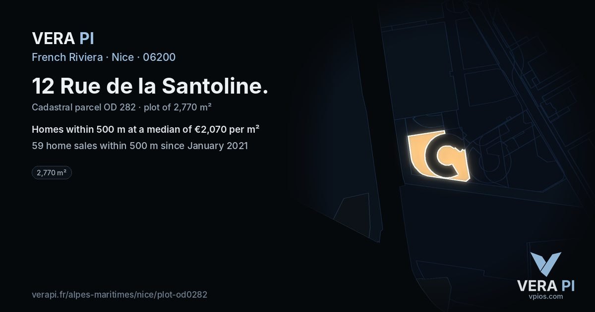 12 Rue de la Santoline, Nice at night – the plot lit, the parcels around coloured by the prices near them