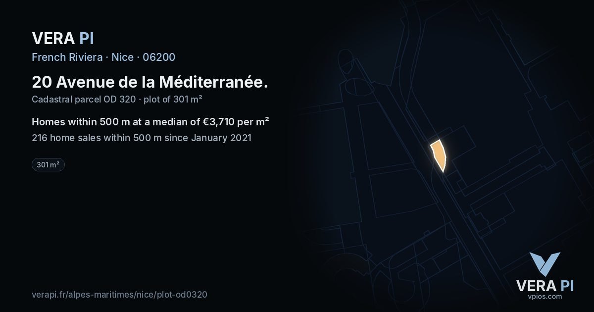20 Avenue de la Méditerranée, Nice at night – the plot lit, the parcels around coloured by the prices near them