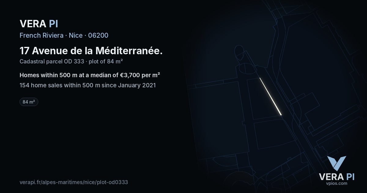 17 Avenue de la Méditerranée, Nice at night – the plot lit, the parcels around coloured by the prices near them