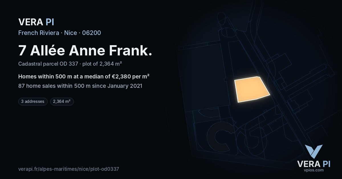 7 Allée Anne Frank, Nice at night – the plot lit, the parcels around coloured by the prices near them