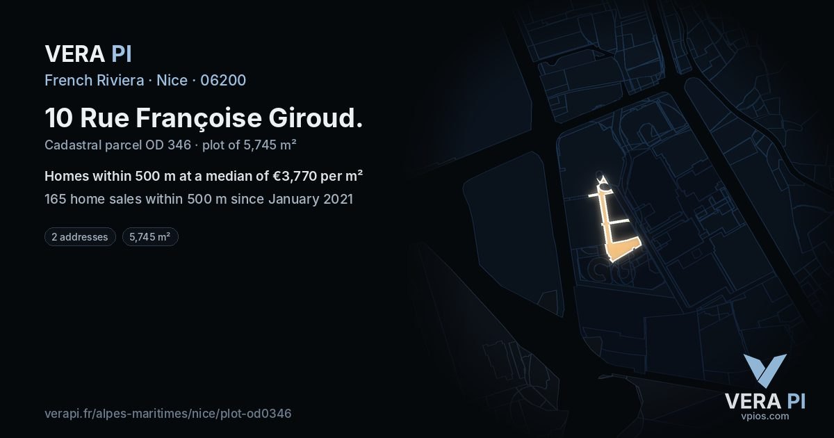 10 Rue Françoise Giroud, Nice at night – the plot lit, the parcels around coloured by the prices near them