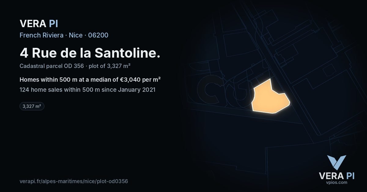 4 Rue de la Santoline, Nice at night – the plot lit, the parcels around coloured by the prices near them