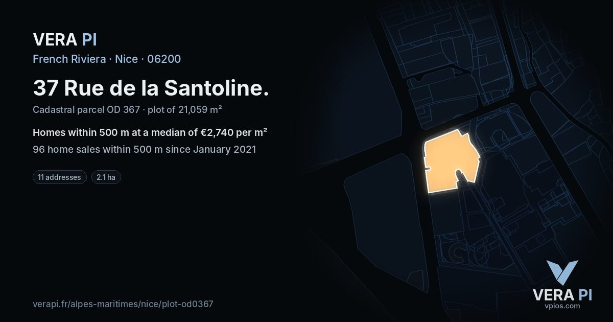 37 Rue de la Santoline, Nice at night – the plot lit, the parcels around coloured by the prices near them