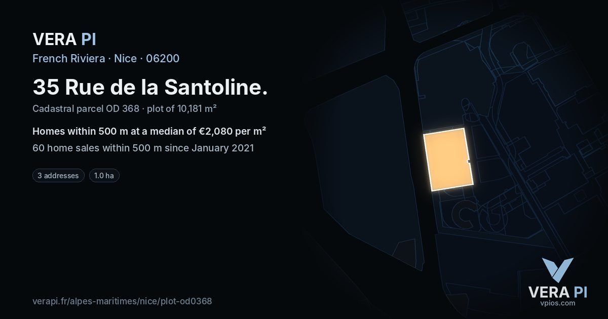 35 Rue de la Santoline, Nice at night – the plot lit, the parcels around coloured by the prices near them