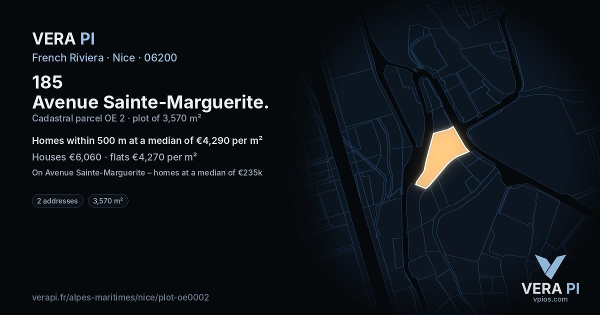 185 Avenue Sainte-Marguerite, Nice at night – the plot lit, the parcels around coloured by the prices near them