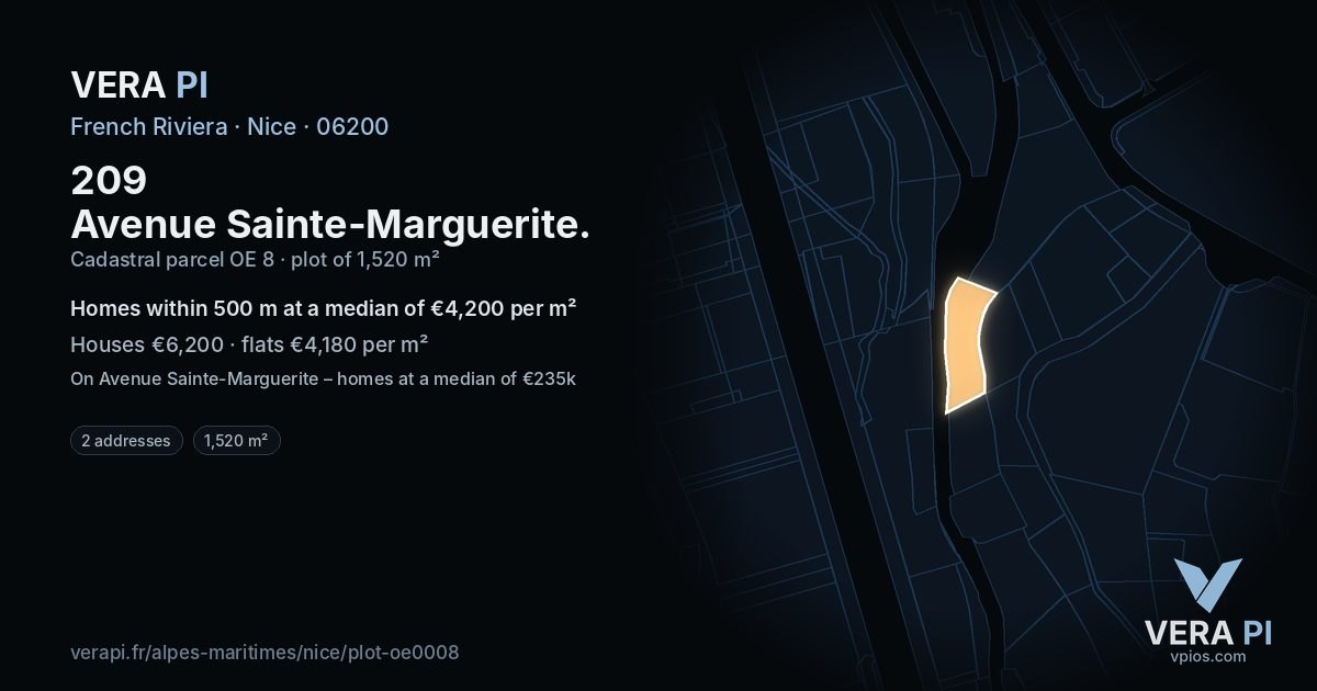 209 Avenue Sainte-Marguerite, Nice at night – the plot lit, the parcels around coloured by the prices near them