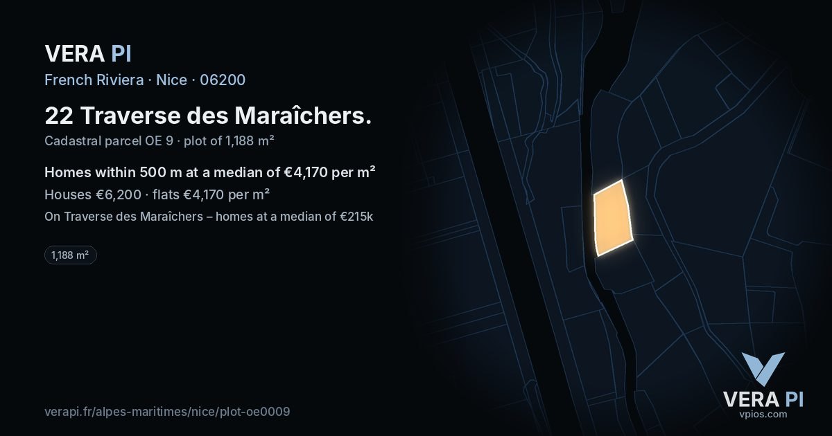 22 Traverse des Maraîchers, Nice at night – the plot lit, the parcels around coloured by the prices near them