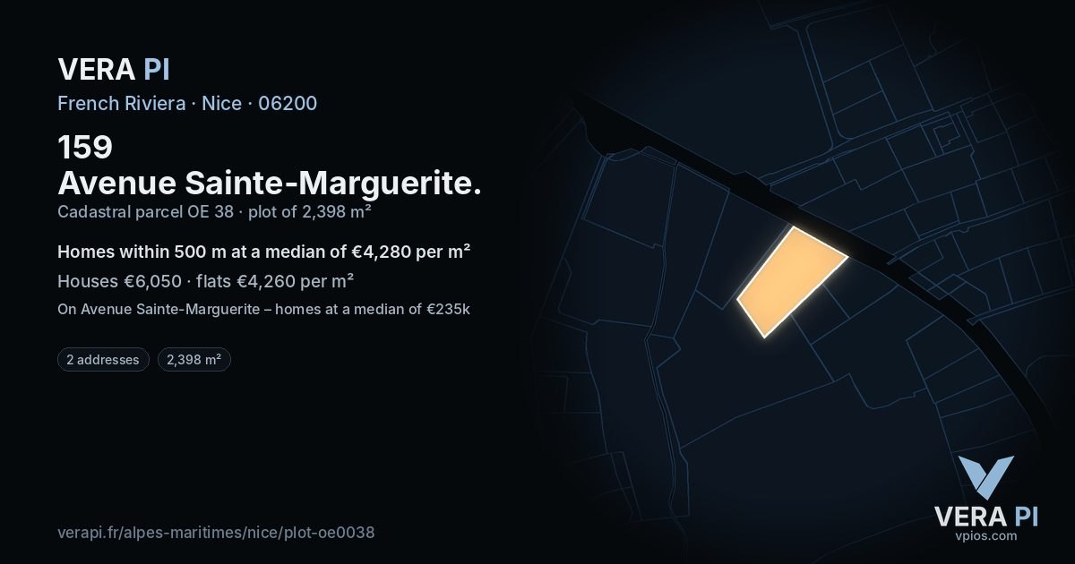 159 Avenue Sainte-Marguerite, Nice at night – the plot lit, the parcels around coloured by the prices near them