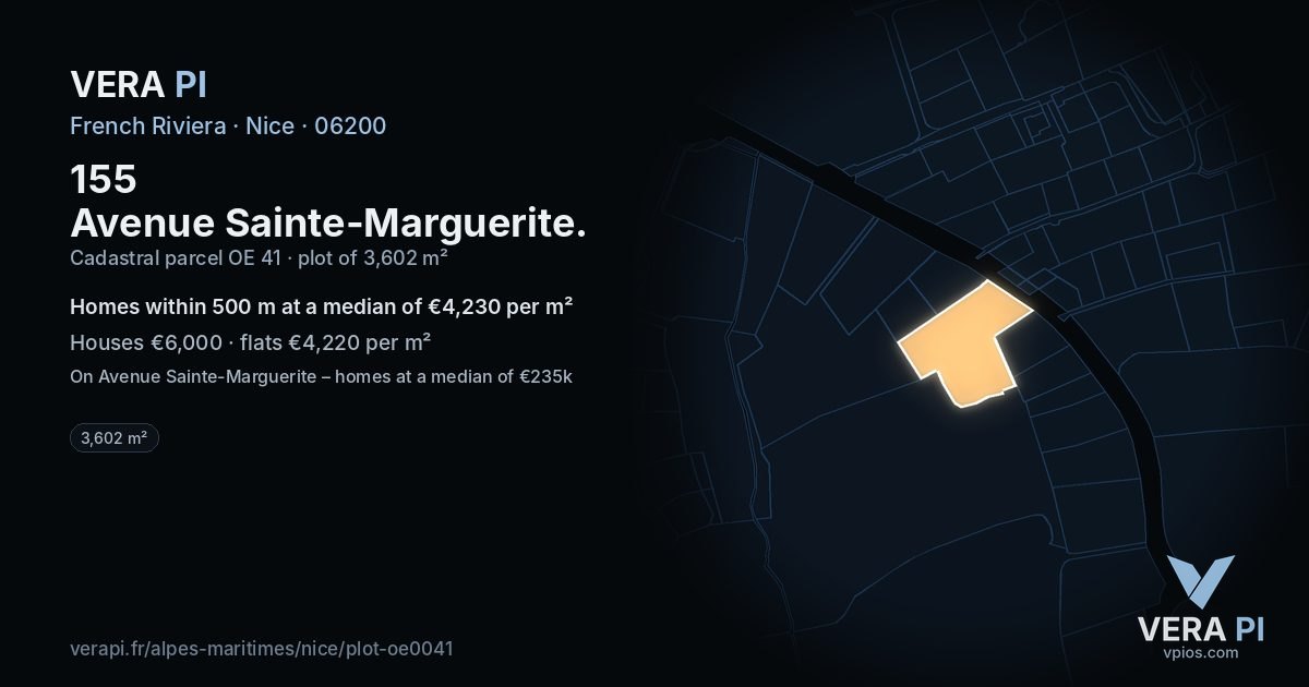 155 Avenue Sainte-Marguerite, Nice at night – the plot lit, the parcels around coloured by the prices near them