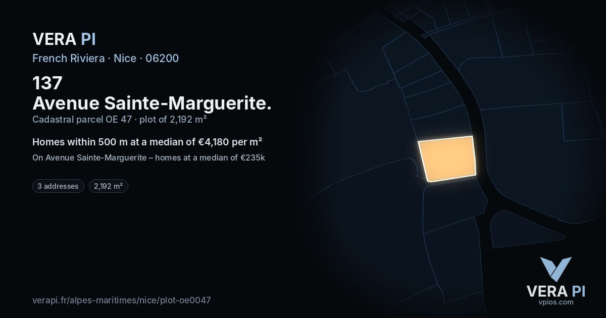 137 Avenue Sainte-Marguerite, Nice at night – the plot lit, the parcels around coloured by the prices near them