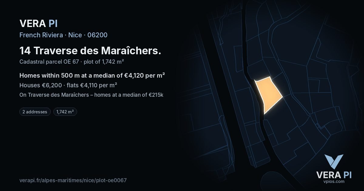 14 Traverse des Maraîchers, Nice at night – the plot lit, the parcels around coloured by the prices near them