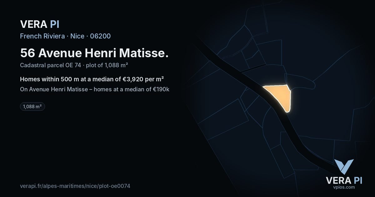 56 Avenue Henri Matisse, Nice at night – the plot lit, the parcels around coloured by the prices near them