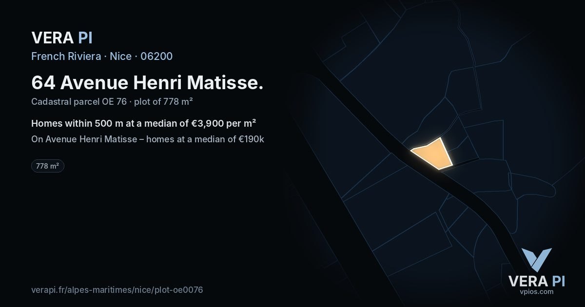 64 Avenue Henri Matisse, Nice at night – the plot lit, the parcels around coloured by the prices near them