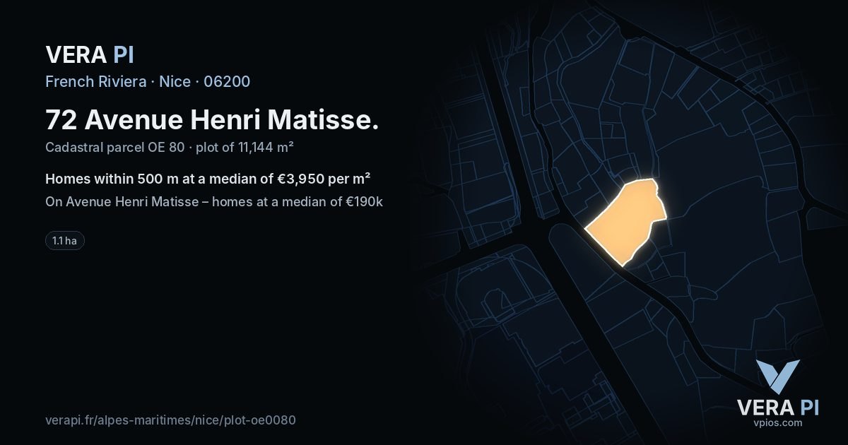72 Avenue Henri Matisse, Nice at night – the plot lit, the parcels around coloured by the prices near them