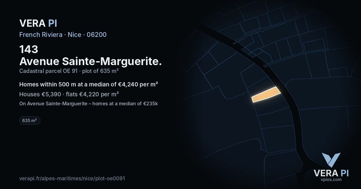 143 Avenue Sainte-Marguerite, Nice at night – the plot lit, the parcels around coloured by the prices near them