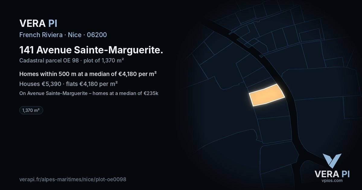 141 Avenue Sainte-Marguerite, Nice at night – the plot lit, the parcels around coloured by the prices near them