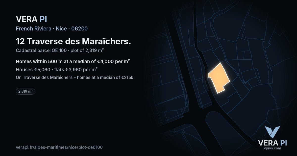 12 Traverse des Maraîchers, Nice at night – the plot lit, the parcels around coloured by the prices near them