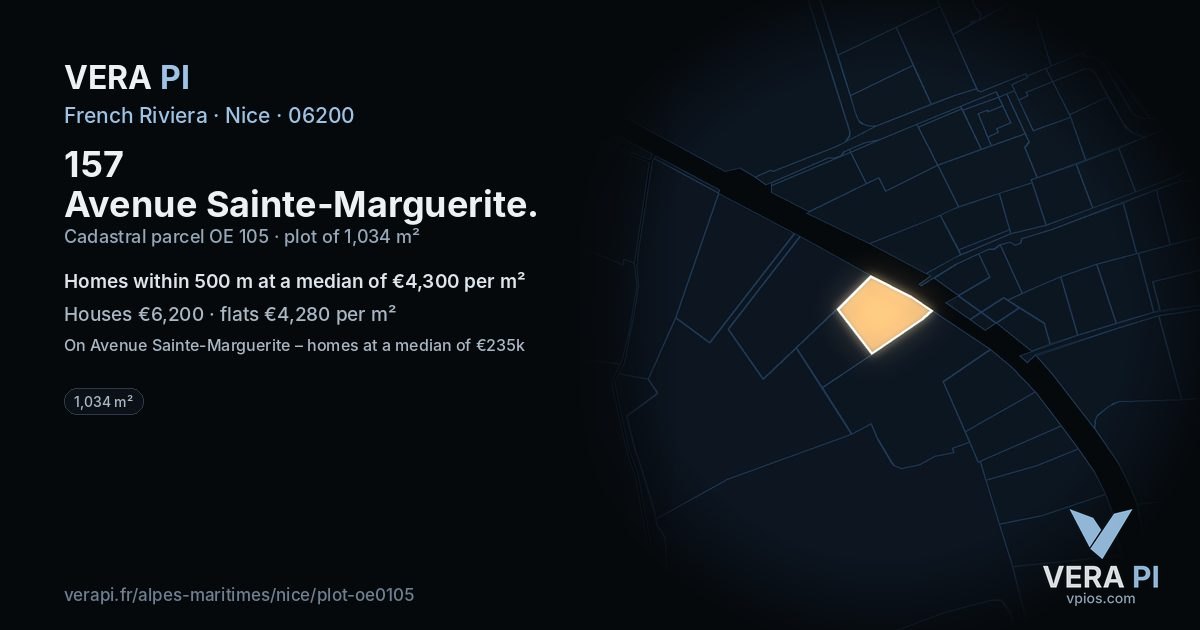 157 Avenue Sainte-Marguerite, Nice at night – the plot lit, the parcels around coloured by the prices near them