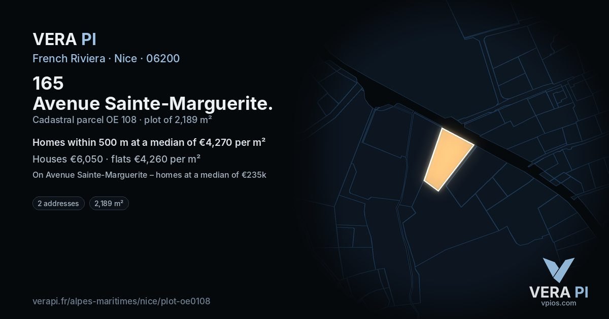 165 Avenue Sainte-Marguerite, Nice at night – the plot lit, the parcels around coloured by the prices near them