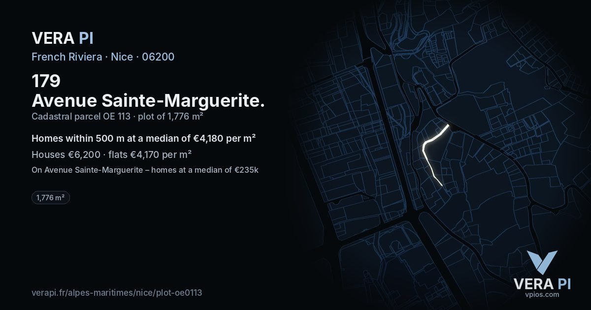 179 Avenue Sainte-Marguerite, Nice at night – the plot lit, the parcels around coloured by the prices near them