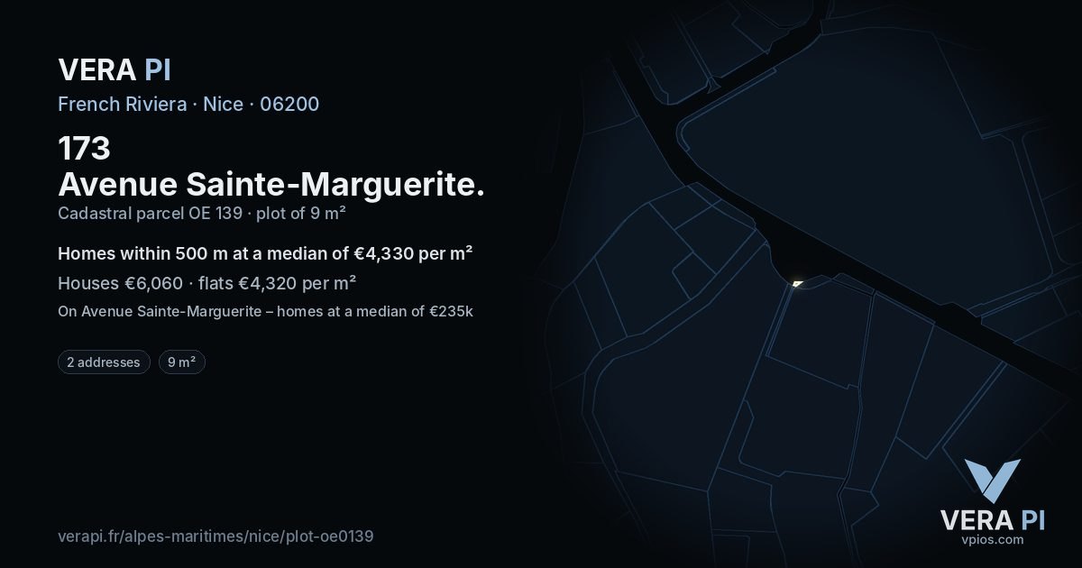 173 Avenue Sainte-Marguerite, Nice at night – the plot lit, the parcels around coloured by the prices near them