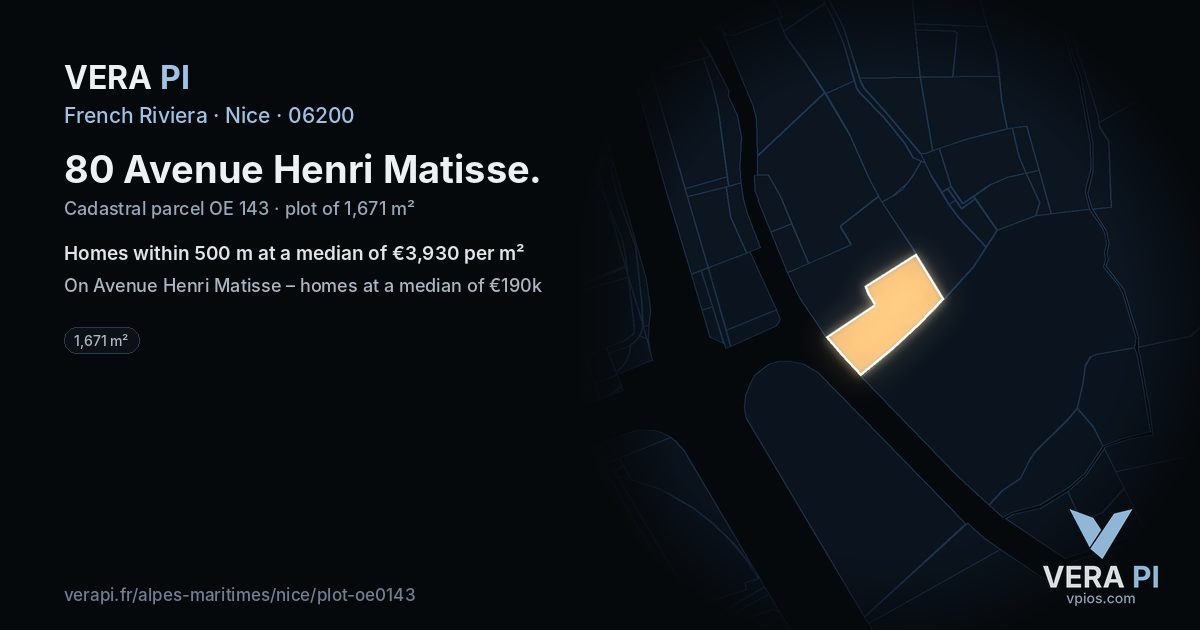 80 Avenue Henri Matisse, Nice at night – the plot lit, the parcels around coloured by the prices near them