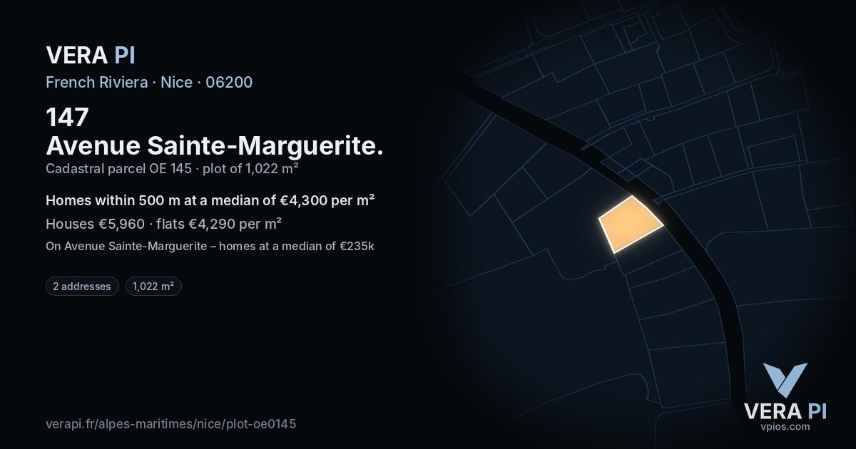 147 Avenue Sainte-Marguerite, Nice at night – the plot lit, the parcels around coloured by the prices near them