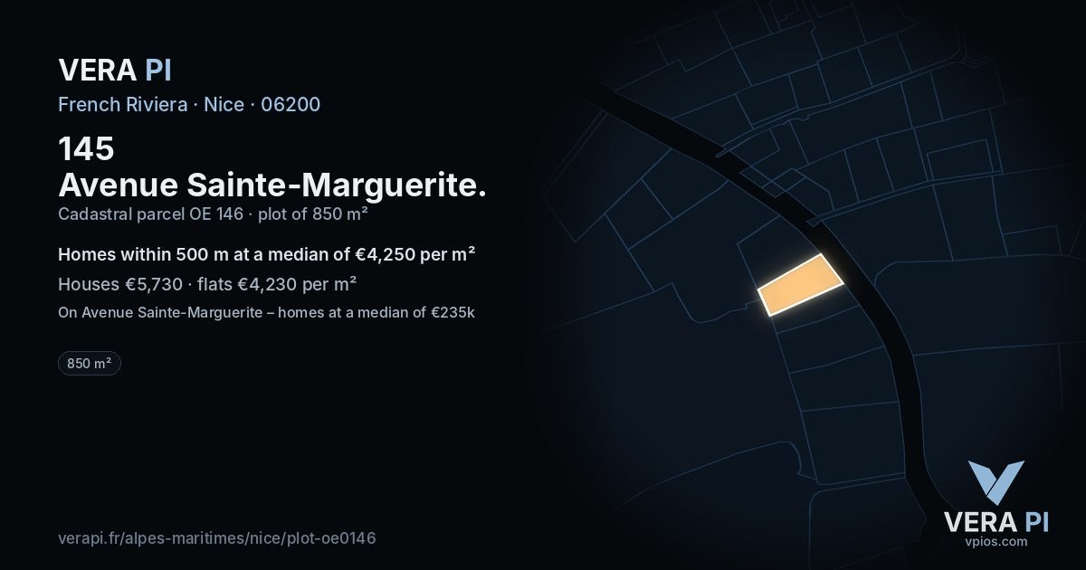 145 Avenue Sainte-Marguerite, Nice at night – the plot lit, the parcels around coloured by the prices near them