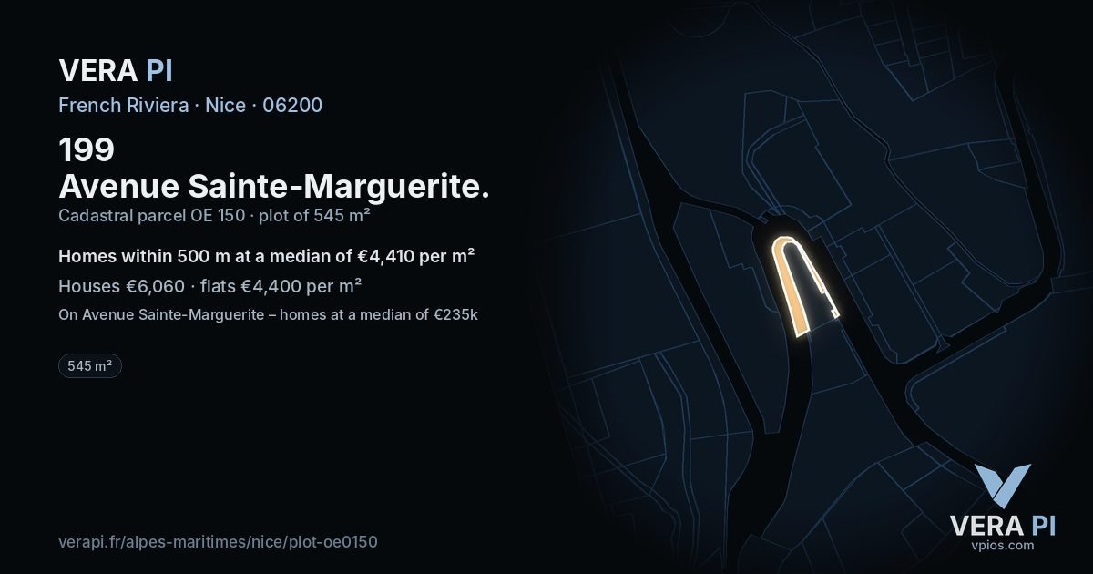 199 Avenue Sainte-Marguerite, Nice at night – the plot lit, the parcels around coloured by the prices near them