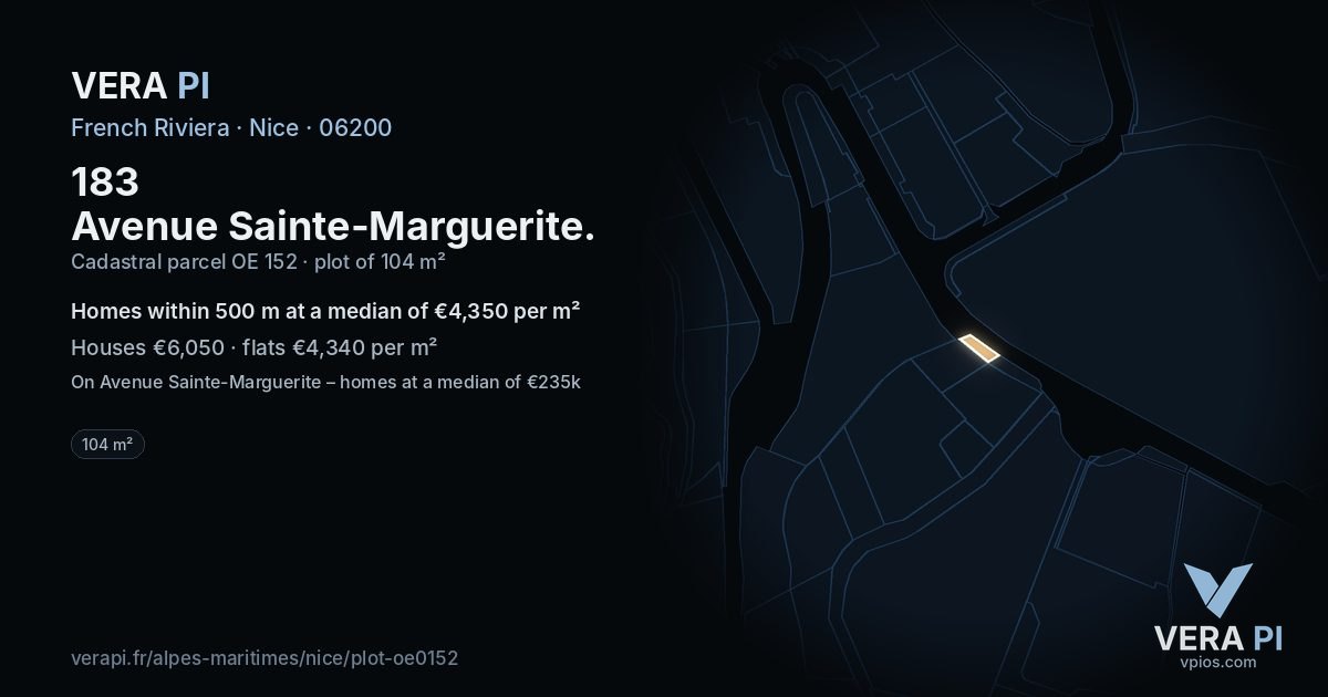 183 Avenue Sainte-Marguerite, Nice at night – the plot lit, the parcels around coloured by the prices near them