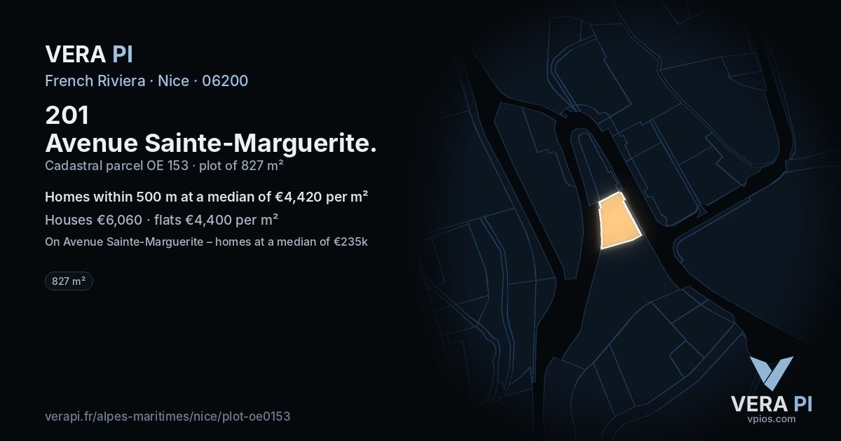 201 Avenue Sainte-Marguerite, Nice at night – the plot lit, the parcels around coloured by the prices near them
