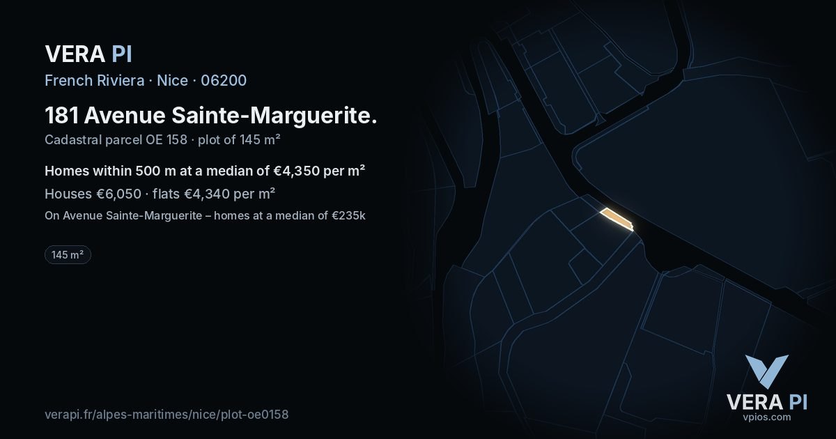 181 Avenue Sainte-Marguerite, Nice at night – the plot lit, the parcels around coloured by the prices near them