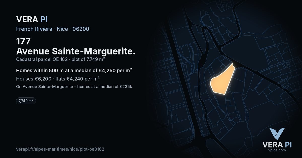177 Avenue Sainte-Marguerite, Nice at night – the plot lit, the parcels around coloured by the prices near them