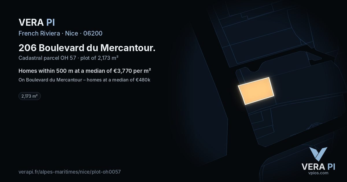 206 Boulevard du Mercantour, Nice at night – the plot lit, the parcels around coloured by the prices near them