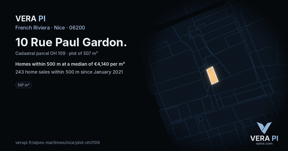 10 Rue Paul Gardon, Nice at night – the plot lit, the parcels around coloured by the prices near them