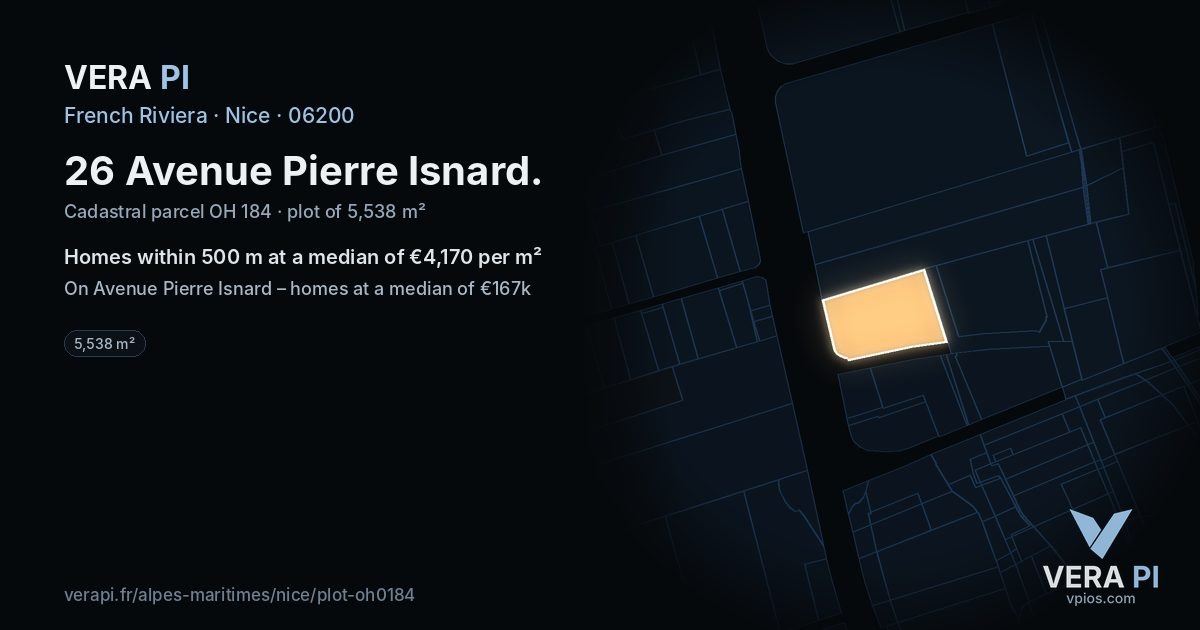 26 Avenue Pierre Isnard, Nice at night – the plot lit, the parcels around coloured by the prices near them