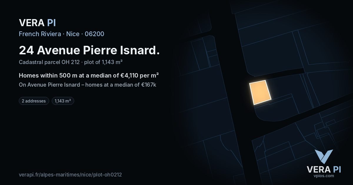 24 Avenue Pierre Isnard, Nice at night – the plot lit, the parcels around coloured by the prices near them