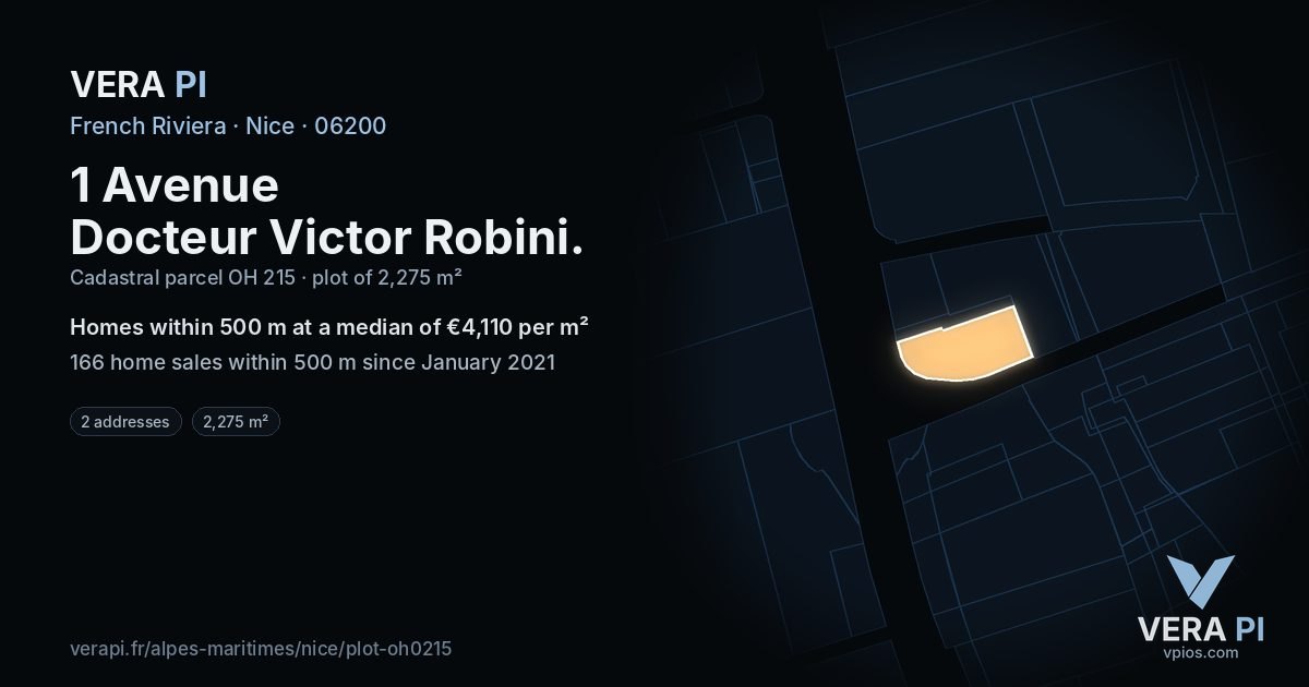 1 Avenue Docteur Victor Robini, Nice at night – the plot lit, the parcels around coloured by the prices near them