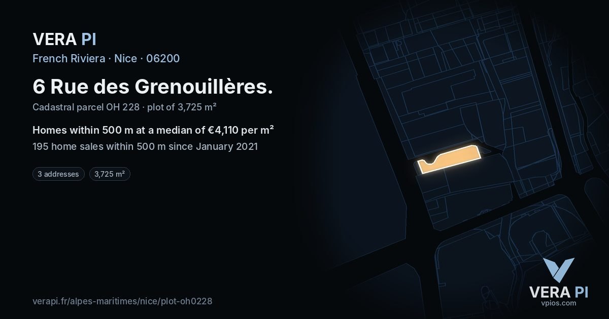 6 Rue des Grenouillères, Nice at night – the plot lit, the parcels around coloured by the prices near them