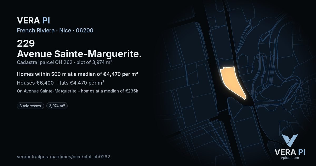 229 Avenue Sainte-Marguerite, Nice at night – the plot lit, the parcels around coloured by the prices near them