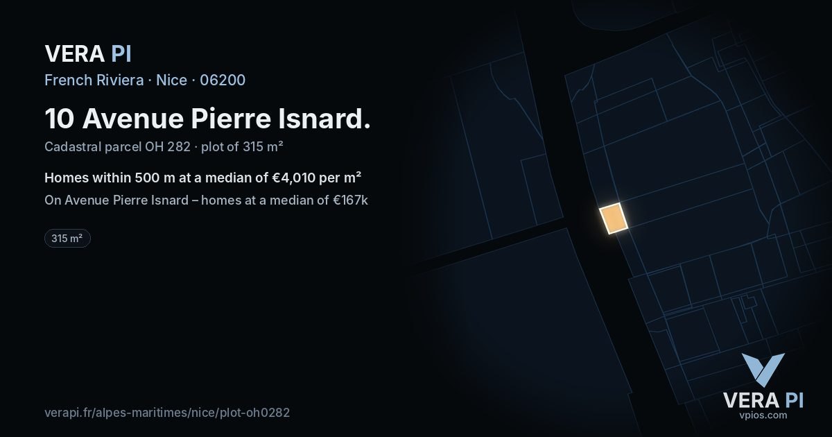 10 Avenue Pierre Isnard, Nice at night – the plot lit, the parcels around coloured by the prices near them