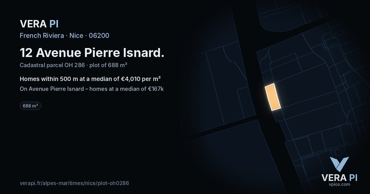 12 Avenue Pierre Isnard, Nice at night – the plot lit, the parcels around coloured by the prices near them