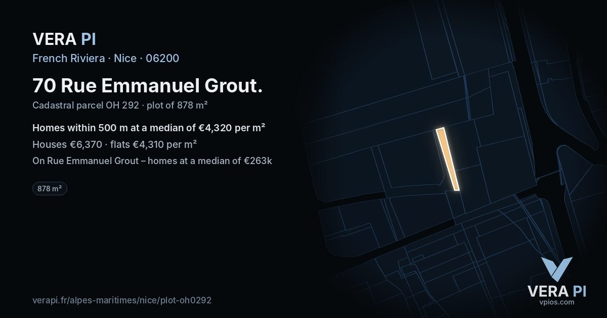 70 Rue Emmanuel Grout, Nice at night – the plot lit, the parcels around coloured by the prices near them
