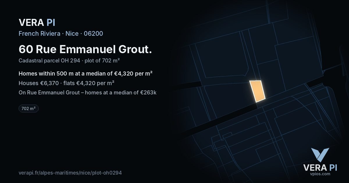 60 Rue Emmanuel Grout, Nice at night – the plot lit, the parcels around coloured by the prices near them