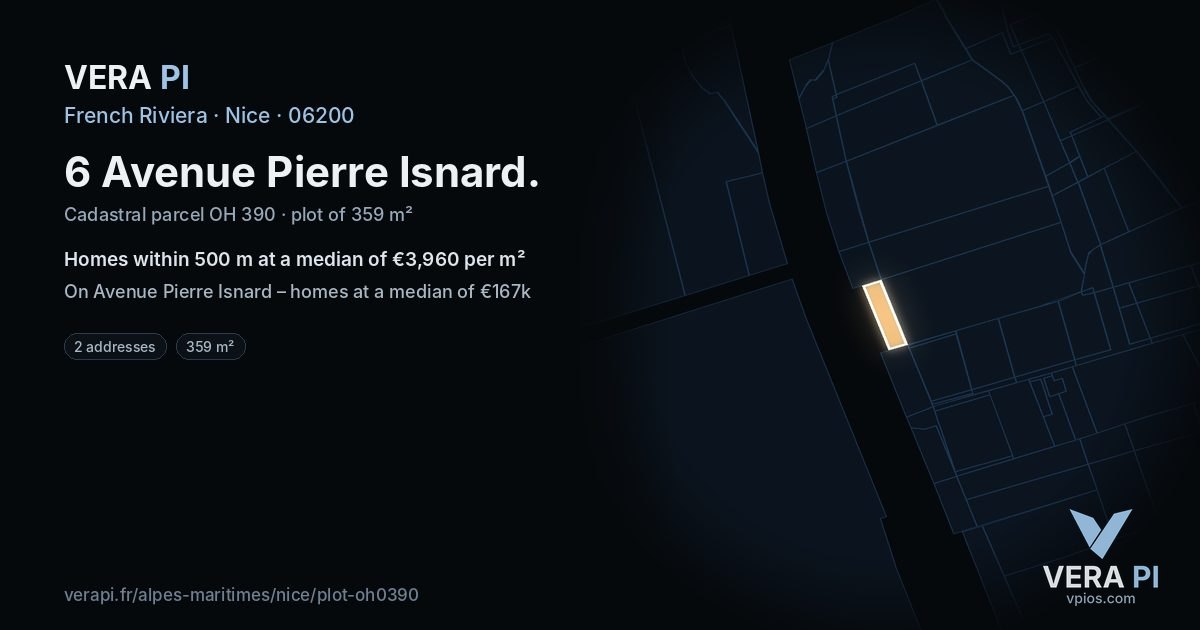 6 Avenue Pierre Isnard, Nice at night – the plot lit, the parcels around coloured by the prices near them