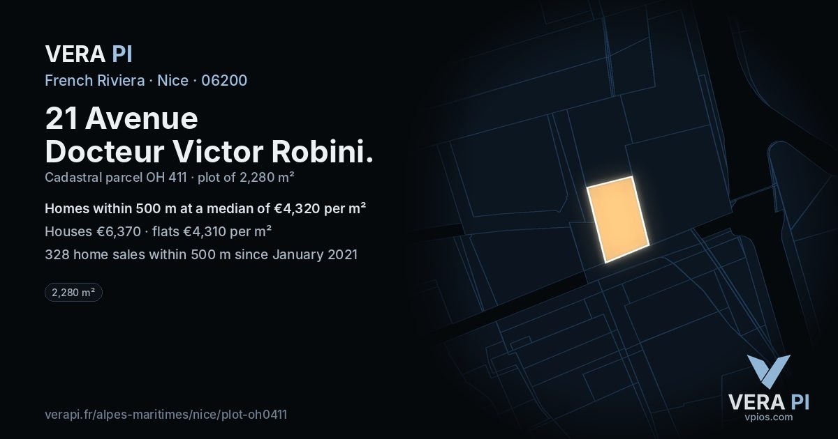 21 Avenue Docteur Victor Robini, Nice at night – the plot lit, the parcels around coloured by the prices near them