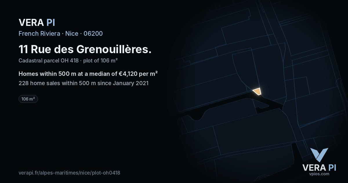 11 Rue des Grenouillères, Nice at night – the plot lit, the parcels around coloured by the prices near them