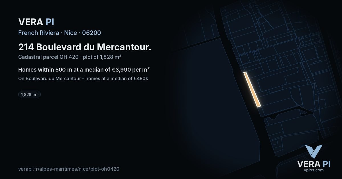 214 Boulevard du Mercantour, Nice at night – the plot lit, the parcels around coloured by the prices near them