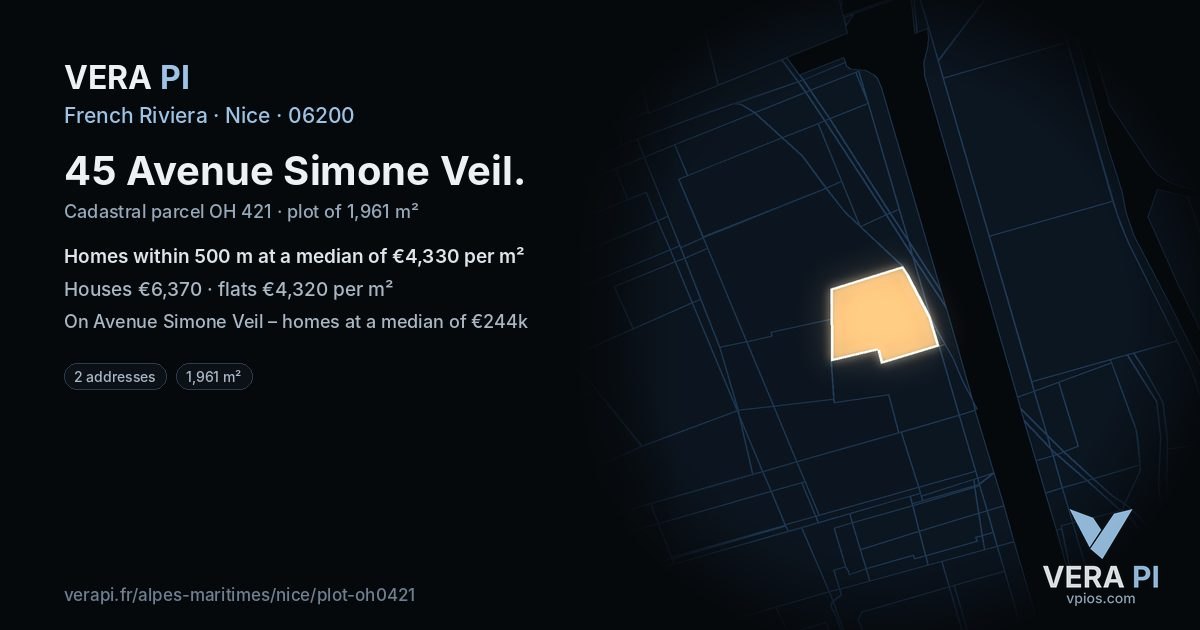 45 Avenue Simone Veil, Nice at night – the plot lit, the parcels around coloured by the prices near them